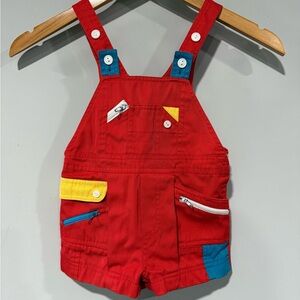 Popsicle Kids Red Short Overalls with Colorful Pocket Accents
